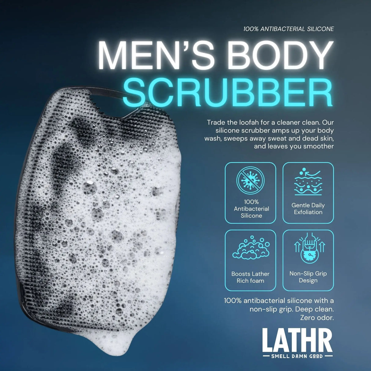 Body Scrubber 100% Antibacterial Silicone LATHR Made In Canada